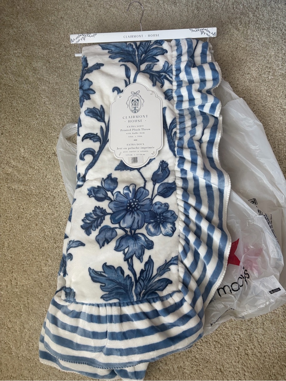 Blue Floral & Stripe Plush Throw Blanket